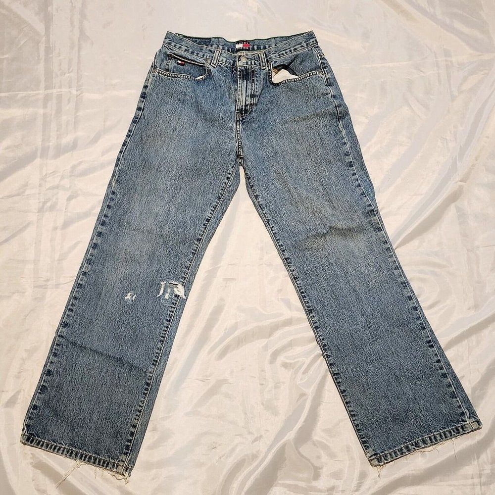 Tommy Hilfiger 2002 Vintage Freedom Jeans Distressed Dark Wash Husky Size 14